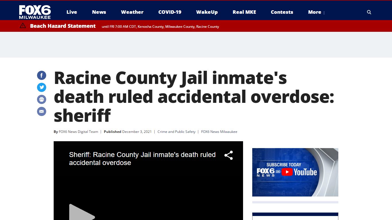 Racine County Jail inmate's death ruled accidental ...